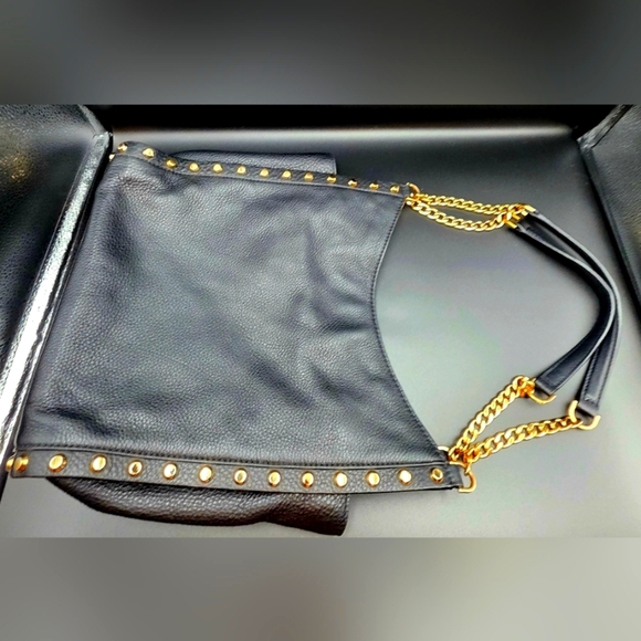 Michael Kors Black Pebbled Leather Goldtone Chain Handles Studded Satchel - Picture 9 of 12